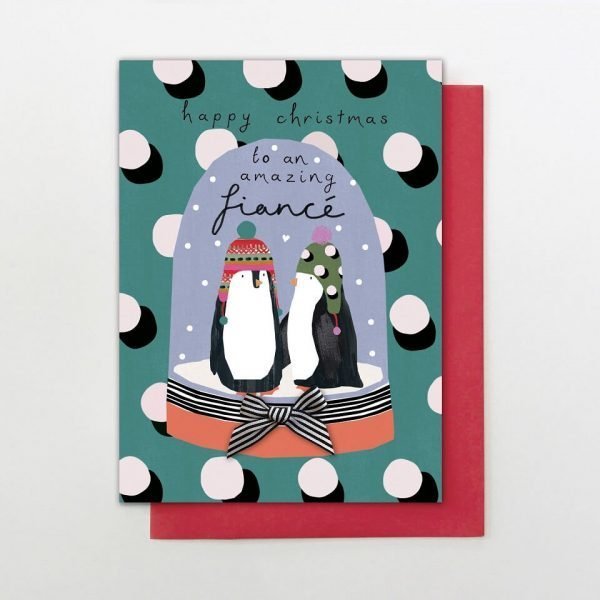 A hand finished Christmas card for your fiance with a pair of penguins in a snow globe