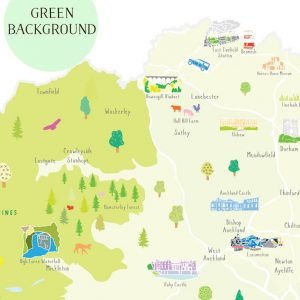A close up of an illustrated map of County Durham A3 print featuring landmarks and areas throughout the county