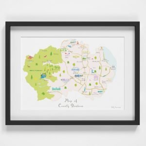 An illustrated map of County Durham A3 print featuring landmarks and areas throughout the county. Shown in a black frame with a white mount