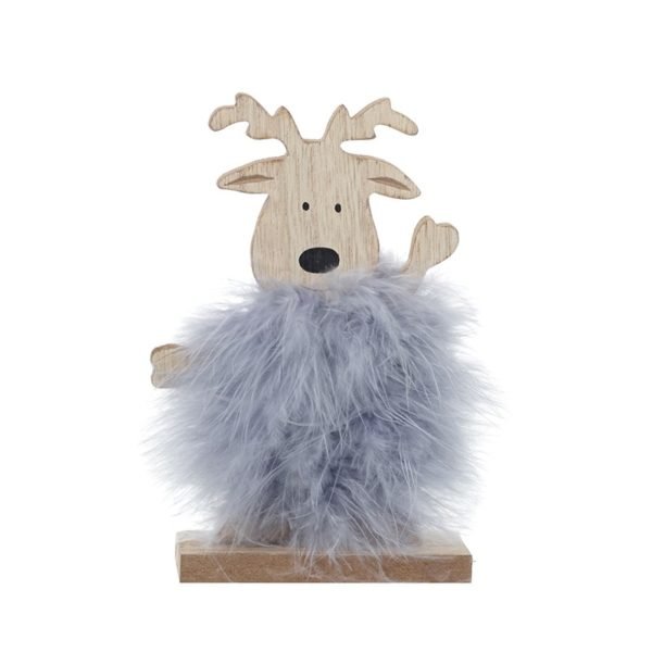 A wooden reindeer on a wooden stand , covered in grey feathers.