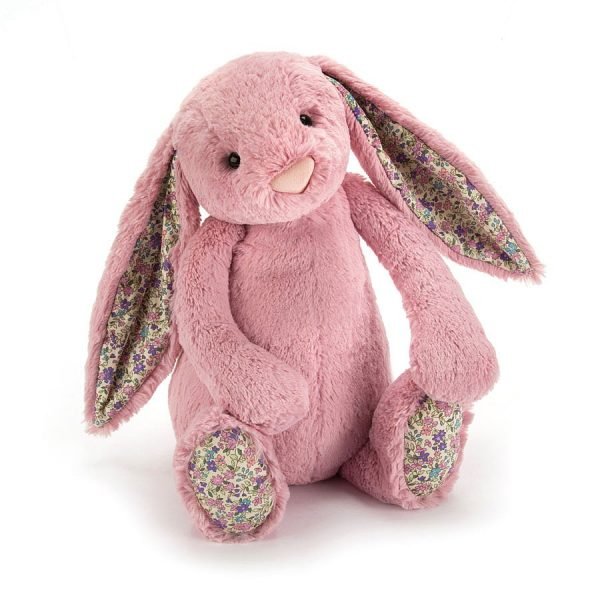 31cm Blossom tulip bunny from Jellycat. A dusky pink rabbit cuddly toy with flowery print ears and feet. A lovely gift for a little girl or a new born baby. Suitable from birth