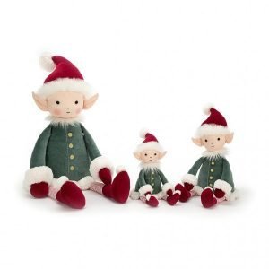 Jellycat Leffy Elf. A cuddly toy elf who has a green coat, a red pointed hat with a pompom, his hat and collar is fluffy and furry. He has red mitts and boots.