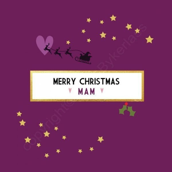 A deep pink card with gold foil stars and a silhouette of santa flying in his sleigh and the words Merry Christmas Mam