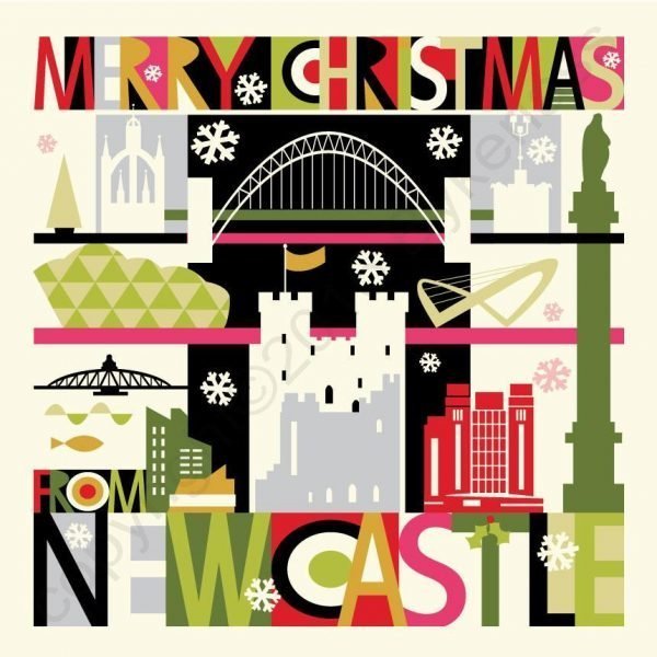 A newcastle christmas card with colourful illustrations of landmarks of the city