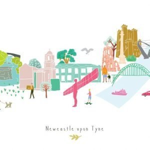 An illustrated print of Newcastle / Gateshead landmarks in a city scape