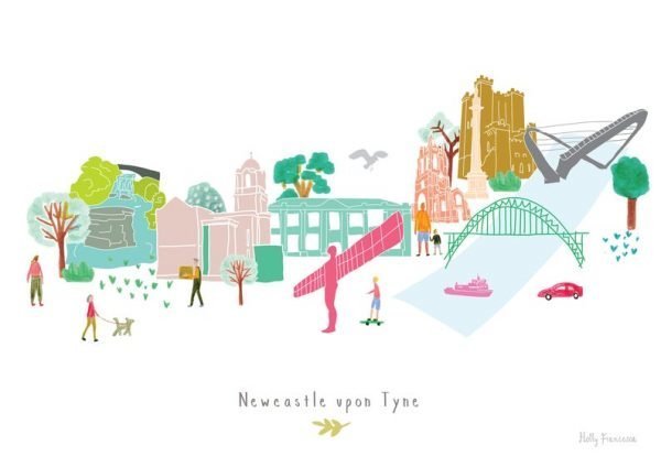 An illustrated print of Newcastle / Gateshead landmarks in a city scape