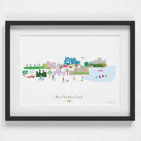 An illustrated print of the landmarks of Northumberland