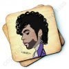 A wooden coaster with a cariacture of Prince