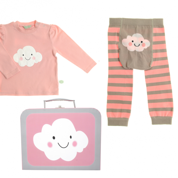 A pink and grey little suitcase with a cute cloud on the front and containing a pink top with the cloud motif and a pair of grey and pink striped leggings with the cloud motif on the bottom.