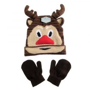 Rudolf Christmas Hat and Mittens Set.A wooly winter hat for 12 to 24 month old kids with antlers and ears and rudolph reindeers face and pair of little mittens.