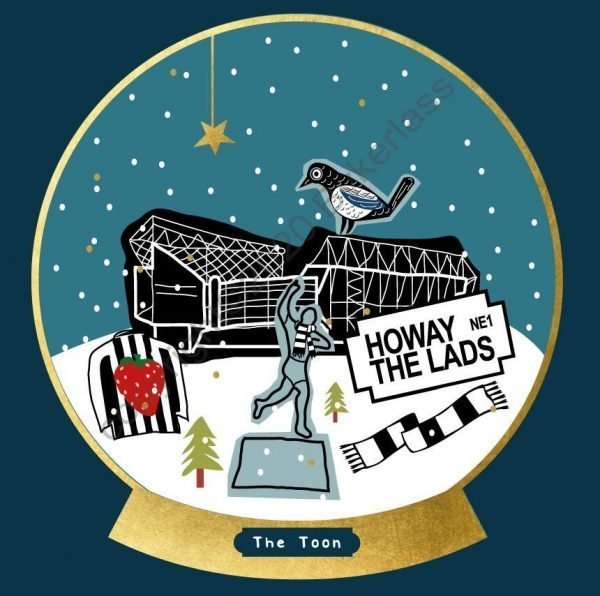 The Toon Geordie christmas card with a snow globe with images of Newcastle United football club landmarks.
