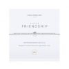 A silver plated bracelet on a cotton adjustable bracelet which is wrapped around a square card with the wording 'A Little Friendship' printed on it.