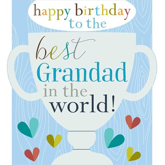 Best Grandad in the world birthday card. Featured foiling and embossing and an illustration of a huge trophy and the words, Happy Birthday to the best Grandad in the world.