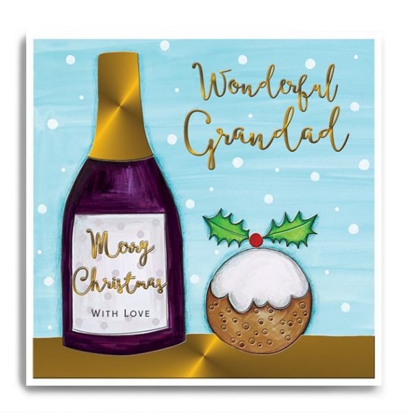 A christmas card for a wonderful Grandad from Janie Wilson, with an image of a bottle of wine and a christmas pudding