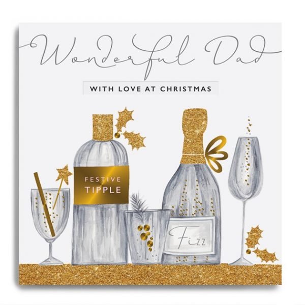 A christmas card from designer Janie Wilson with bottles of wine and cocktail glasses on it. With the words Wonderful Dad printed on it.
