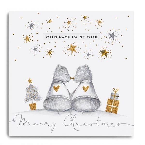 A sweet card with a black and white image of 2 bears touching noses with gold leaf printed stars and presents.