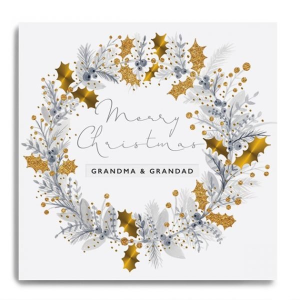 A gorgeous card from Janie Wilson to send to your Grandma and Grandad at Christmas time. Printed in black and white and finished with gold leaf effect.