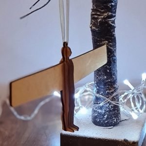 A wooden Angel of the North hanging tree decoration in gold
