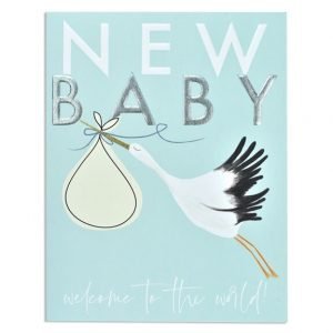 A new baby card in blue with a stork carrying a bundle