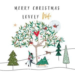A Wife Christmas card with a hand drawn illustration of a tree with a heart and a couple with a dog with their Christmas tree on a sledge