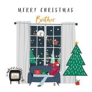 A brother Christmas card with a hand drawn contemporary illustration of a man in his lounge with a Christmas tree and a Christmas scene outside the window.