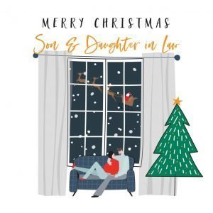 A Son and Daughter in Law Christmas card with a contemporary illustration of a couple in their lounge with a Christmas tree and a Christmas night scene at the window