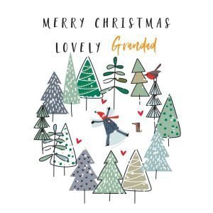 A Grandad Christmas card illustrated with a circle of stylised christmas trees and a person making snow angels in the middle of the tree circle