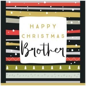 A Christmas card for Brother. Happy Christmas Grandad in a mix of traditional and hand written fonts on a white square over a multi-stripe background in greens, blues, black, red and gold. Sprinkled with snowflakes and blank inside