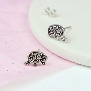Little silver elephant stud earring set with marcasite stones. Suitable for adults and children with pierced ears