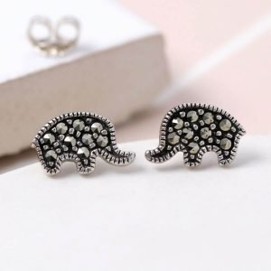 Little silver elephant stud earring set with marcasite stones. Suitable for adults and children with pierced ears