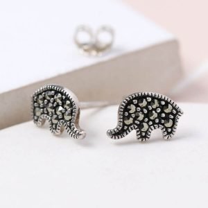 Little silver elephant stud earring set with marcasite stones. Suitable for adults and children with pierced ears
