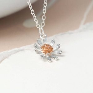A silver daisy with a rose gold centre on a fine silver chain necklace