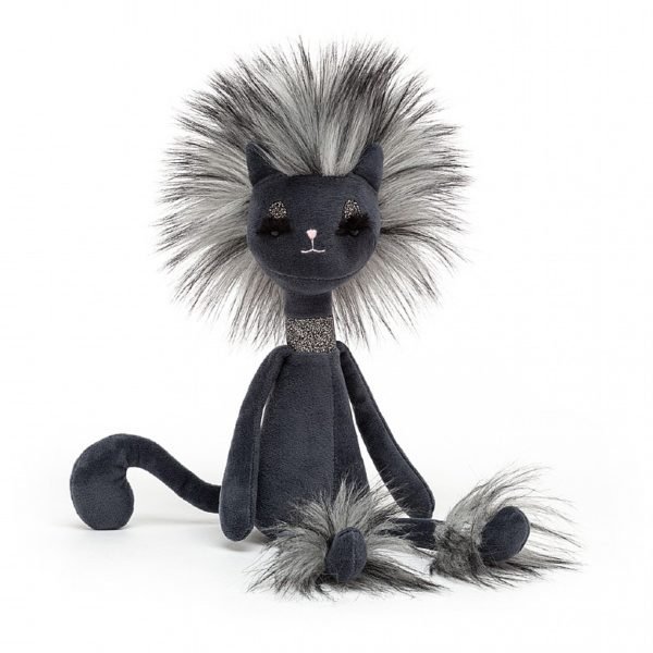 A black elegant cuddly cat from Jellycat. With a long neck fluffy fur and feet, a long black tail and wearing a silver sparkly chocker. Swellegant Kitty Cat is perfect.
