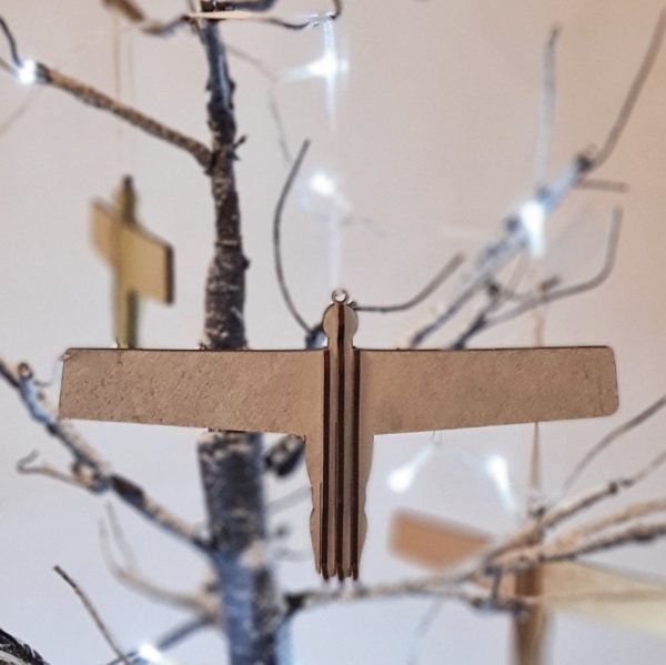 A wooden Angel of the North hanging tree decoration in silver