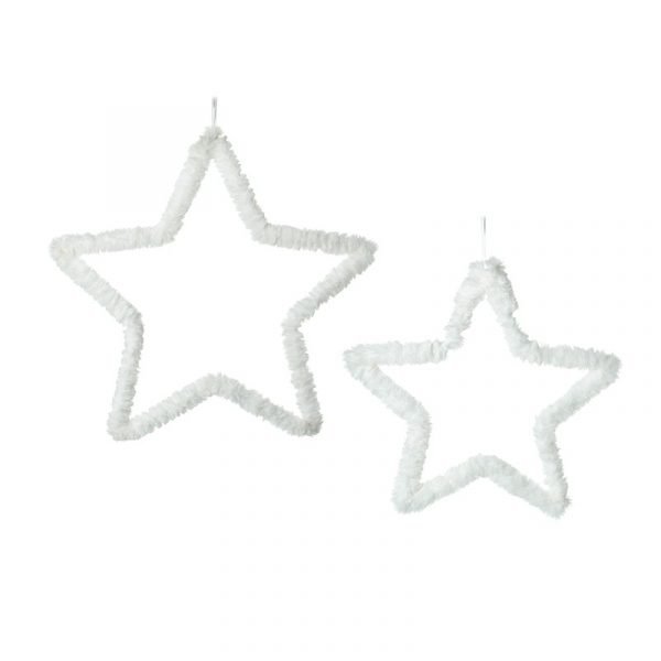 A white fluffy star christmas decoration. A big size 40cm and a small 29cm