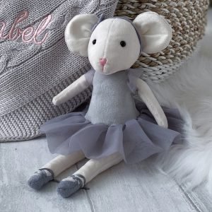 A sweet little ballerina cuddly toy mouse with a grey coloured tutu