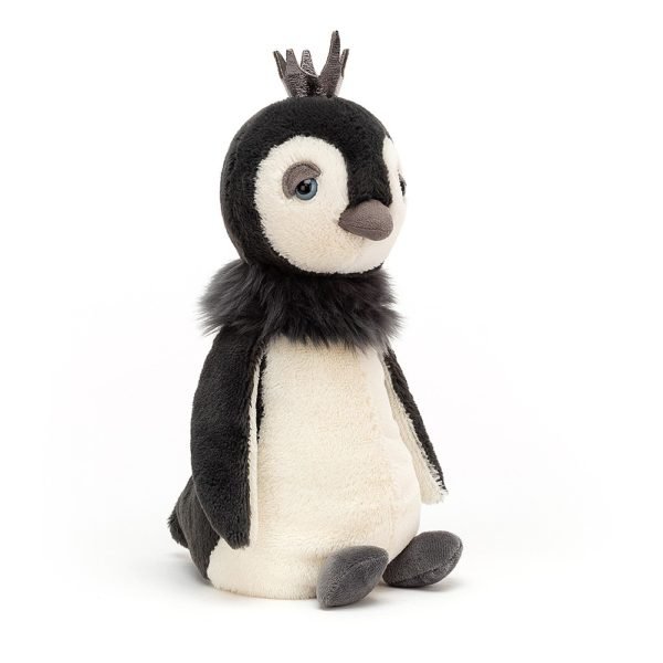 A sweet black and white penguin with fluffy collar and sparkly crown.