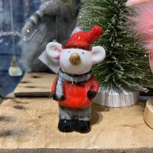 A ceramic mouse tree decoration. He is all togged up in his winter jumper, scarf and hat