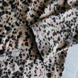 Dappled print ladies pyjama set in neutral, blush and black tones. Luxury pyjamas with a long sleeved button up shirt and long drawstring trousers. Beautifully presented in a white gift box