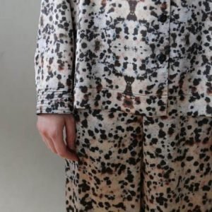 Dappled print ladies pyjama set in neutral, blush and black tones. Luxury pyjamas with a long sleeved button up shirt and long drawstring trousers. Beautifully presented in a white gift box