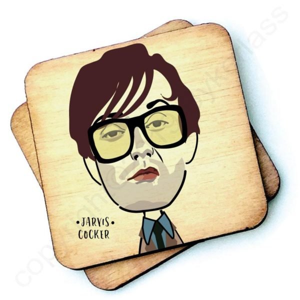 A wooden rustic coaster from Wotmalike with a characterised image of Jarvis Cocker.