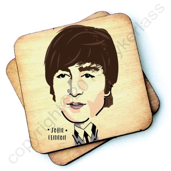 A wooden rustic coaster from Wotmalike with a characterised image of John Lennon