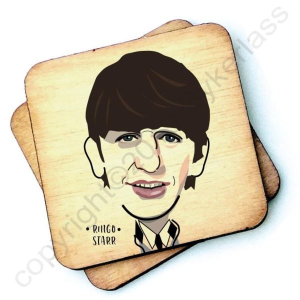 A wooden rustic coaster from Wotmalike with a characterised image of Ringo Starr