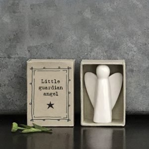 A gorgeous white ceramic angel gift in a tiny cardboard matchbox with the wording 'Little Guardian Angel' printed on it.