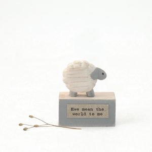A cute little wooden keepsake of a sheep on a little platform with the words 'Ewe mean the world to me' printed on it.