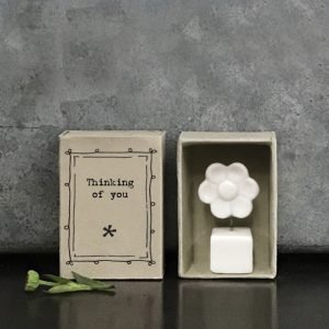 A sweet little white ceramic flower in a pot keepsake in a cardboard matchbox with the words 'Thinking of You' printed on it.