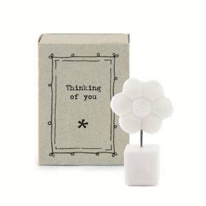 A sweet little white ceramic flower in a pot keepsake in a cardboard matchbox with the words 'Thinking of You' printed on it.
