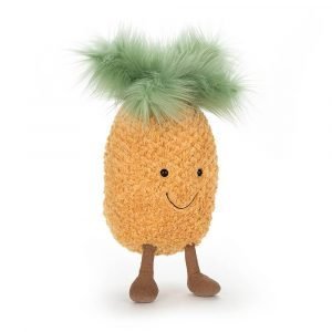 A pineapple soft toy from the Jellycat amuseable range. A yellow pineapple with a cute smiley face and a fluffy green mop top and dangley legs.