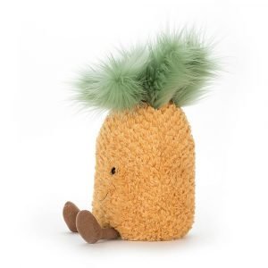 A pineapple soft toy from the Jellycat amuseable range. A yellow pineapple with a cute smiley face and a fluffy green mop top and dangley legs.