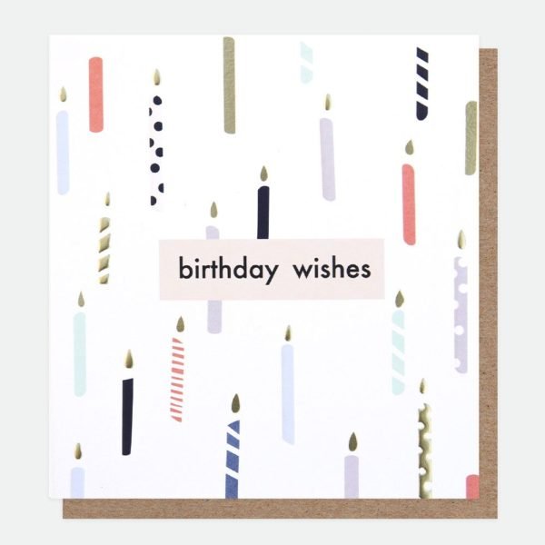 A white card with colourful candles embossed and printed all over it with the words Birthday Wishes printed in the centre of it.